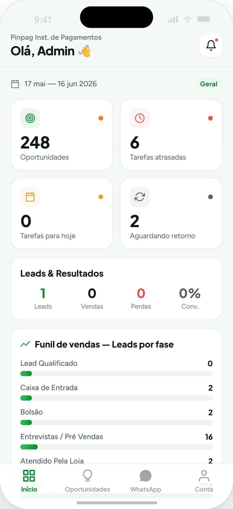 Tela de dashboard do aplicativo Recicla Lead
